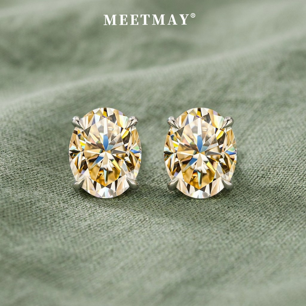 MEETMAY | Colorful Oval-Cut Moissanite Stud Earrings – S925 Sterling Silver 18K Gold Plated, GRA Certified