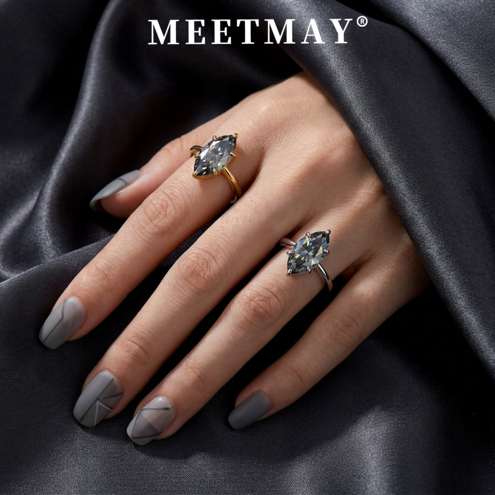 MEETMAY | Colorful Marquise-Cut Moissanite Adjustable Ring – S925 Sterling Silver 18K Gold Plated, GRA Certified