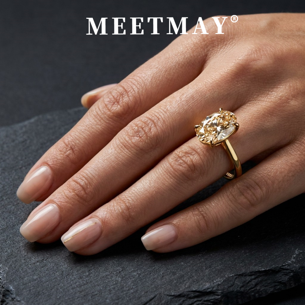 MEETMAY | Colorful Oval-Cut Moissanite Adjustable Ring – S925 Sterling Silver 18K Gold Plated, GRA Certified
