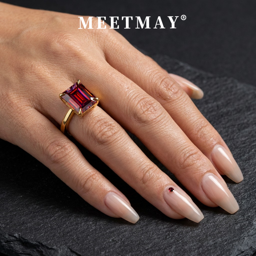 MEETMAY | Colorful Emerald-Cut Moissanite Adjustable Ring – S925 Sterling Silver 18K Gold Plated, GRA Certified
