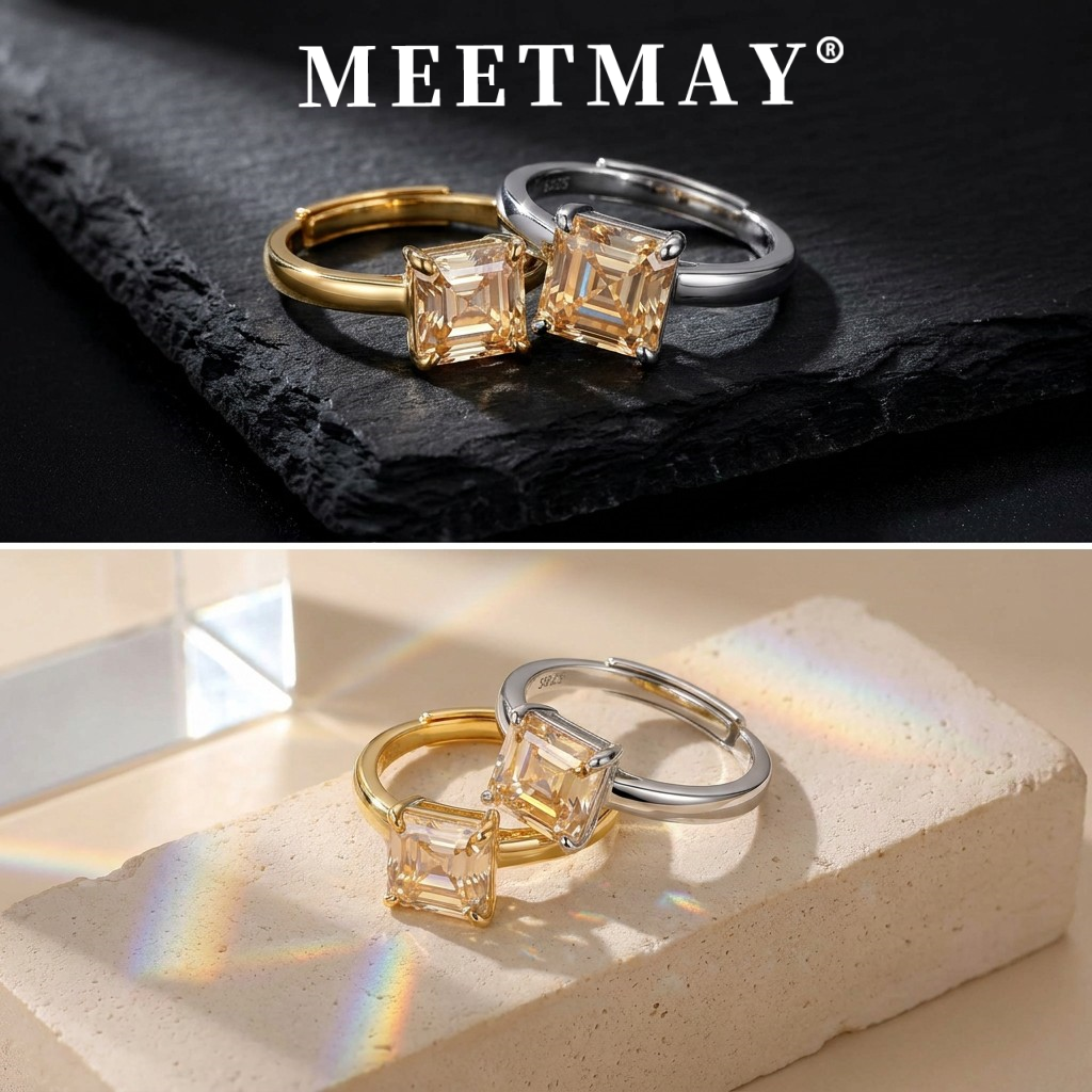 MEETMAY | Colorful Asscher-Cut Moissanite Adjustable Ring – S925 Sterling Silver 18K Gold Plated, GRA Certified