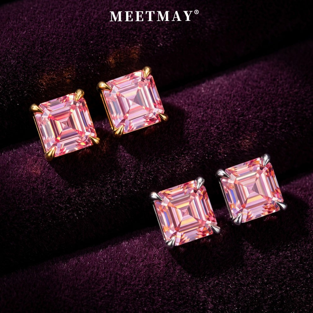 MEETMAY | Colorful Asscher-Cut Moissanite Stud Earrings – S925 Sterling Silver 18K Gold Plated, GRA Certified