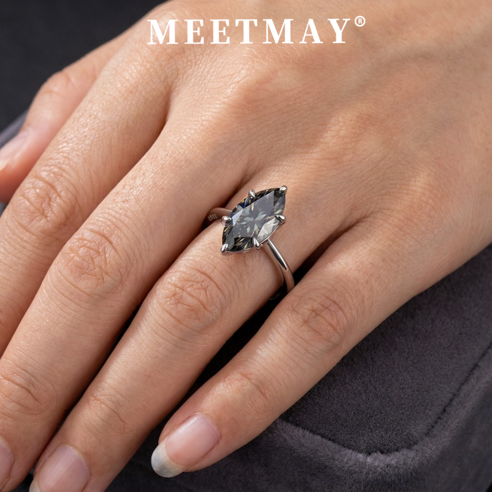 MEETMAY | Colorful Marquise-Cut Moissanite Adjustable Ring – S925 Sterling Silver 18K Gold Plated, GRA Certified