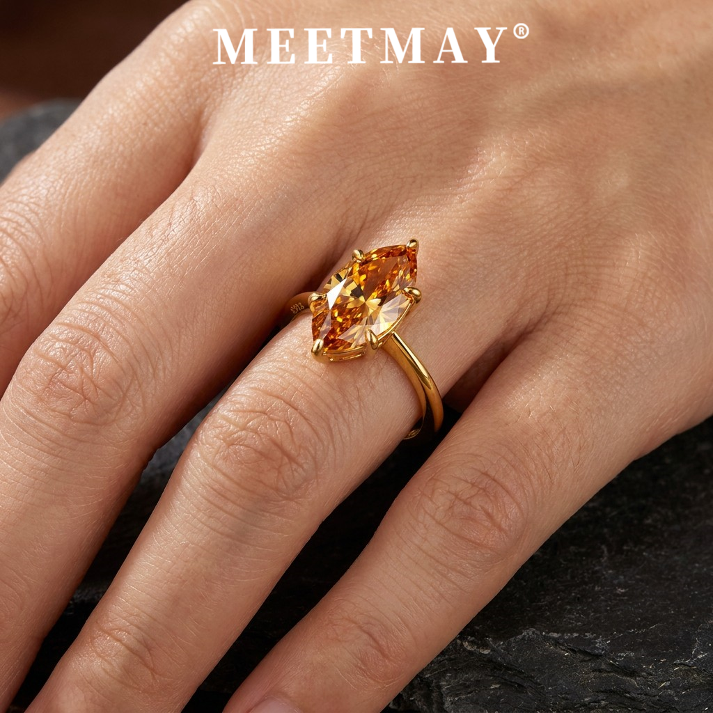 MEETMAY | Colorful Marquise-Cut Moissanite Adjustable Ring – S925 Sterling Silver 18K Gold Plated, GRA Certified