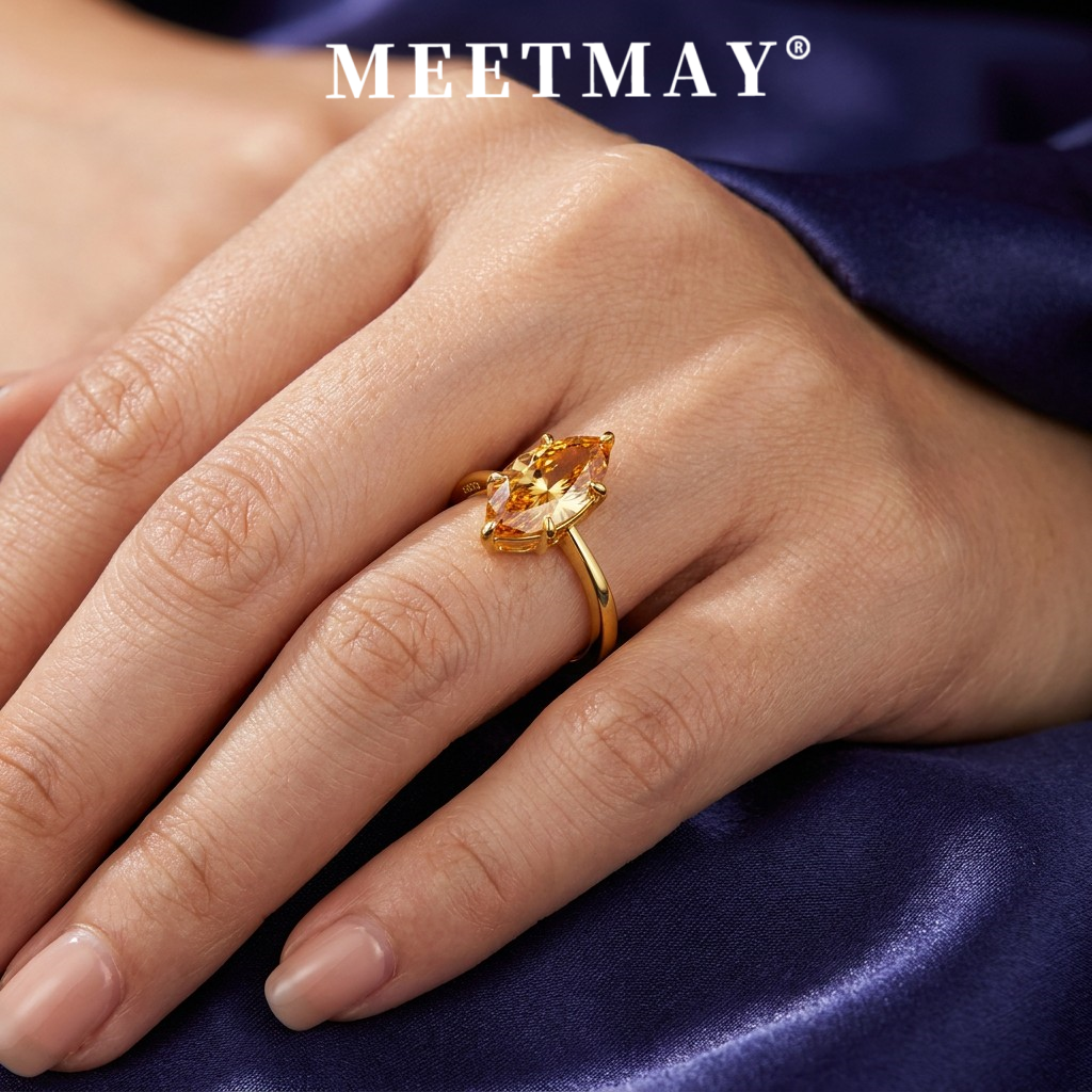 MEETMAY | Colorful Marquise-Cut Moissanite Adjustable Ring – S925 Sterling Silver 18K Gold Plated, GRA Certified