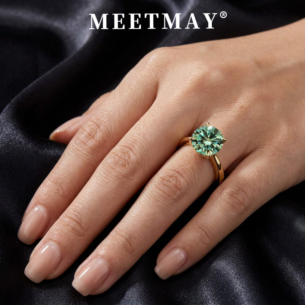 MEETMAY | Colorful Round-Cut Moissanite Adjustable Ring – S925 Sterling Silver 18K Gold Plated, GRA Certified