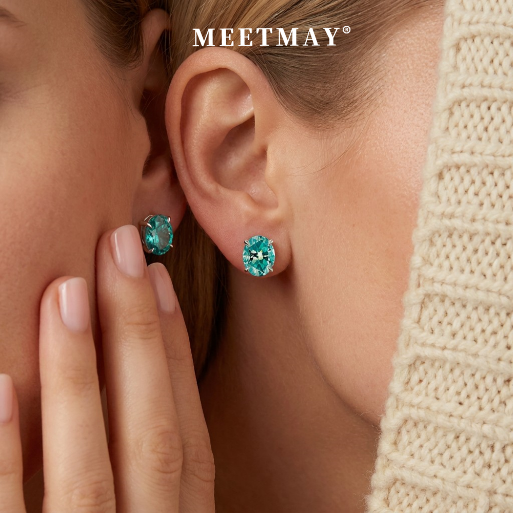 MEETMAY | Colorful Oval-Cut Moissanite Stud Earrings – S925 Sterling Silver 18K Gold Plated, GRA Certified