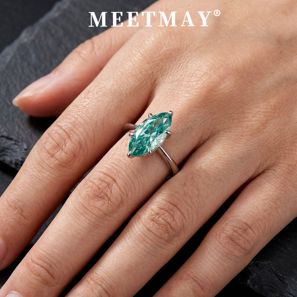 MEETMAY | Colorful Marquise-Cut Moissanite Adjustable Ring – S925 Sterling Silver 18K Gold Plated, GRA Certified