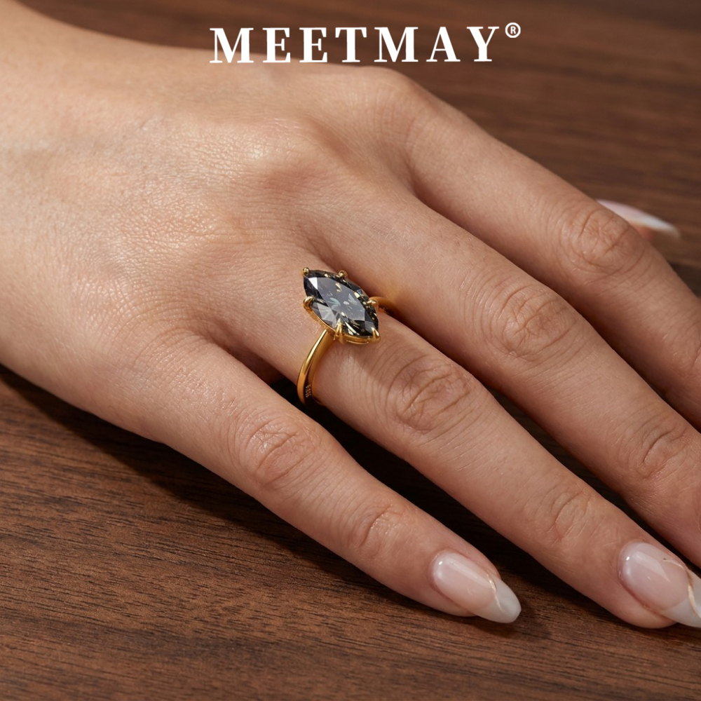 MEETMAY | Colorful Marquise-Cut Moissanite Adjustable Ring – S925 Sterling Silver 18K Gold Plated, GRA Certified