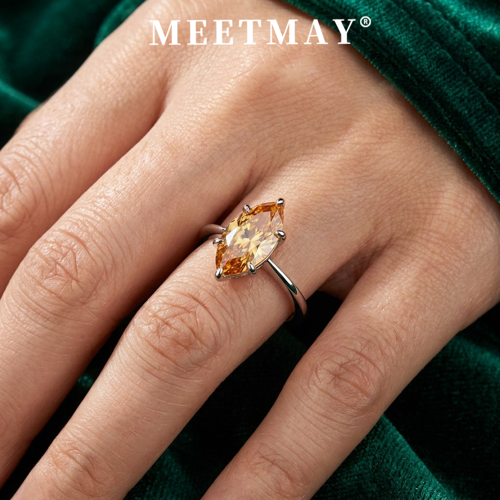 MEETMAY | Colorful Marquise-Cut Moissanite Adjustable Ring – S925 Sterling Silver 18K Gold Plated, GRA Certified