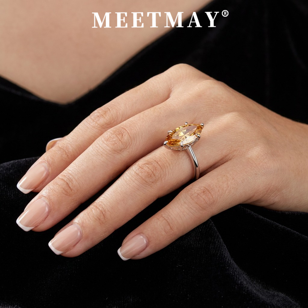 MEETMAY | Colorful Marquise-Cut Moissanite Adjustable Ring – S925 Sterling Silver 18K Gold Plated, GRA Certified