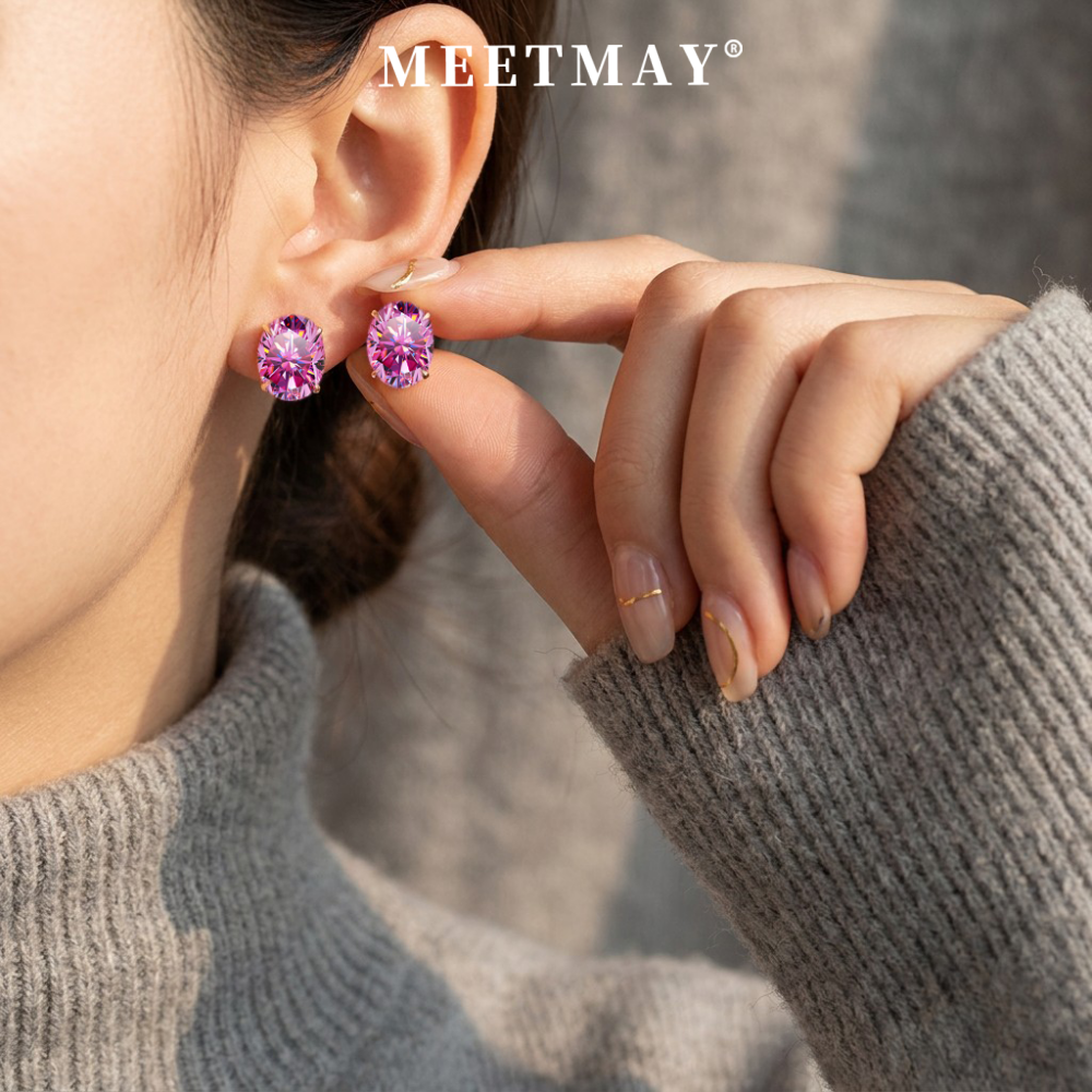 MEETMAY | Colorful Oval-Cut Moissanite Stud Earrings – S925 Sterling Silver 18K Gold Plated, GRA Certified