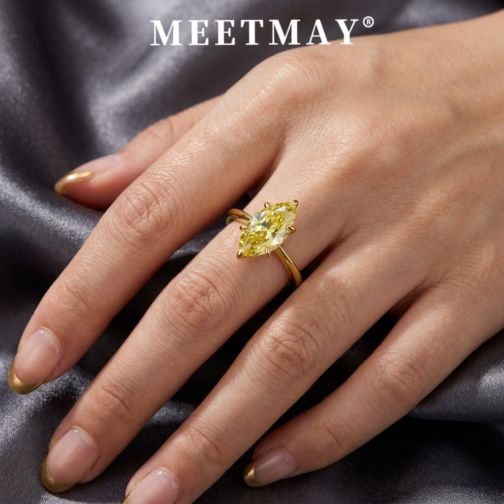 MEETMAY | Colorful Marquise-Cut Moissanite Adjustable Ring – S925 Sterling Silver 18K Gold Plated, GRA Certified