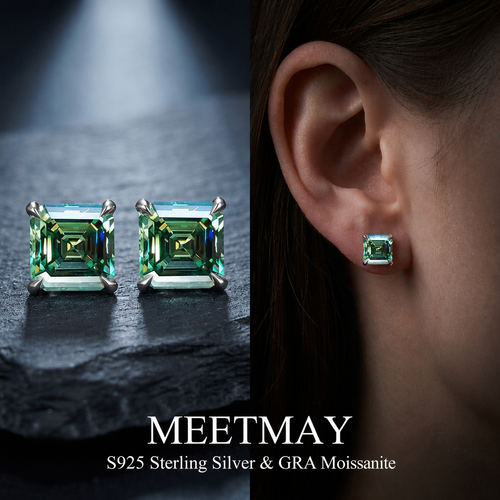MEETMAY | Colorful Asscher-Cut Moissanite Stud Earrings – S925 Sterling Silver 18K Gold Plated, GRA Certified