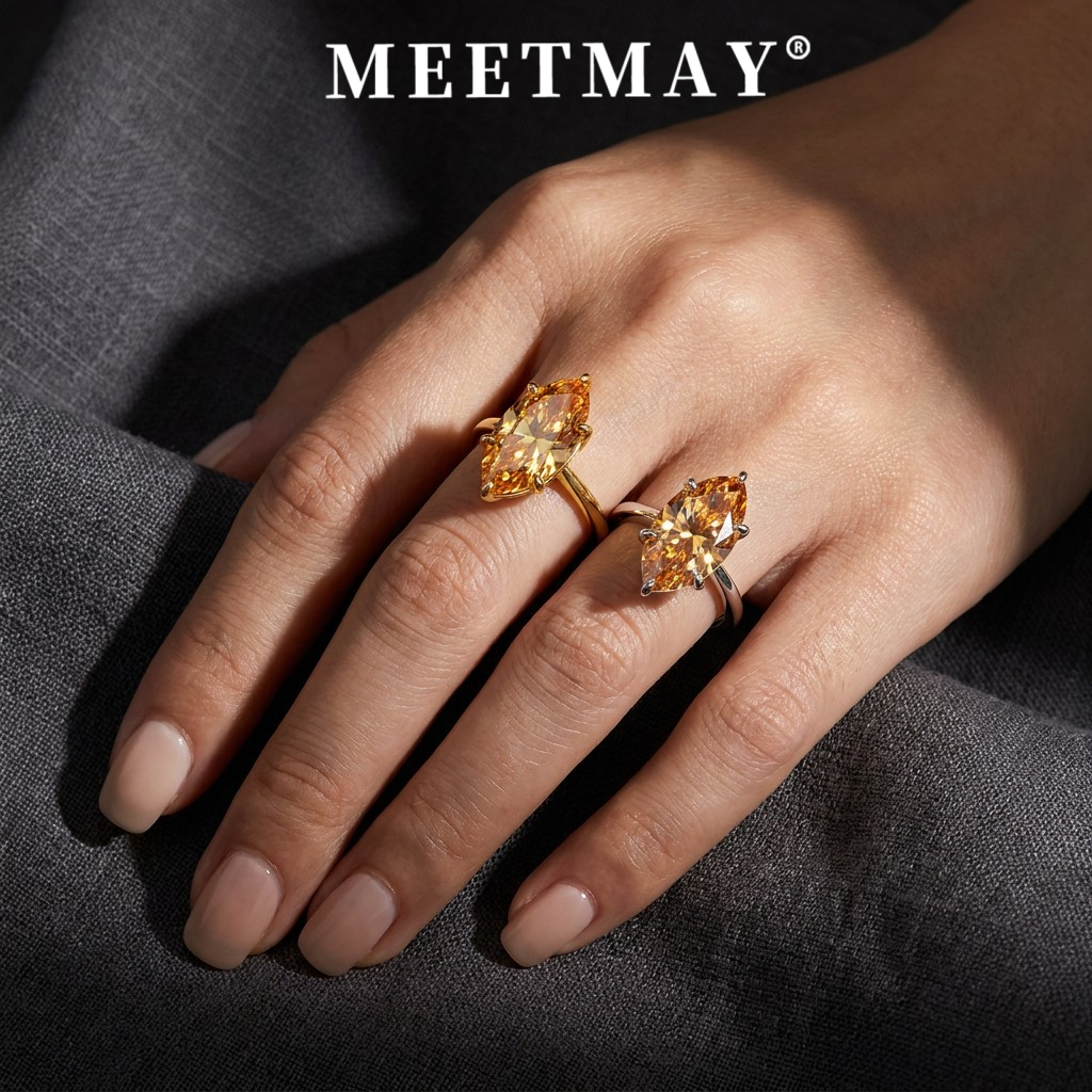 MEETMAY | Colorful Marquise-Cut Moissanite Adjustable Ring – S925 Sterling Silver 18K Gold Plated, GRA Certified