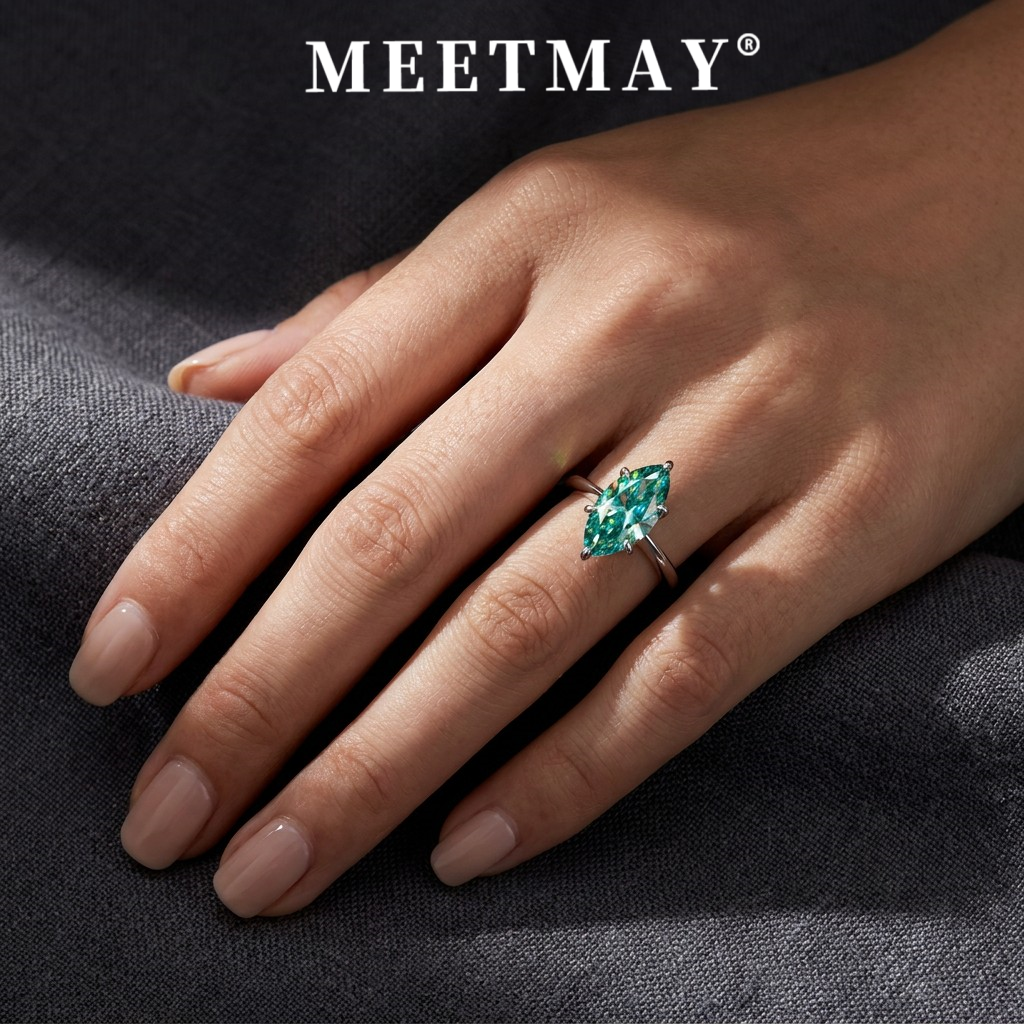 MEETMAY | Colorful Marquise-Cut Moissanite Adjustable Ring – S925 Sterling Silver 18K Gold Plated, GRA Certified