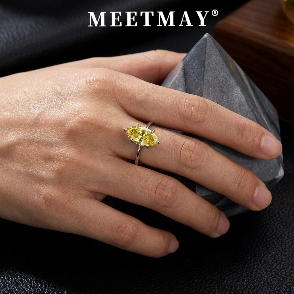 MEETMAY | Colorful Marquise-Cut Moissanite Adjustable Ring – S925 Sterling Silver 18K Gold Plated, GRA Certified