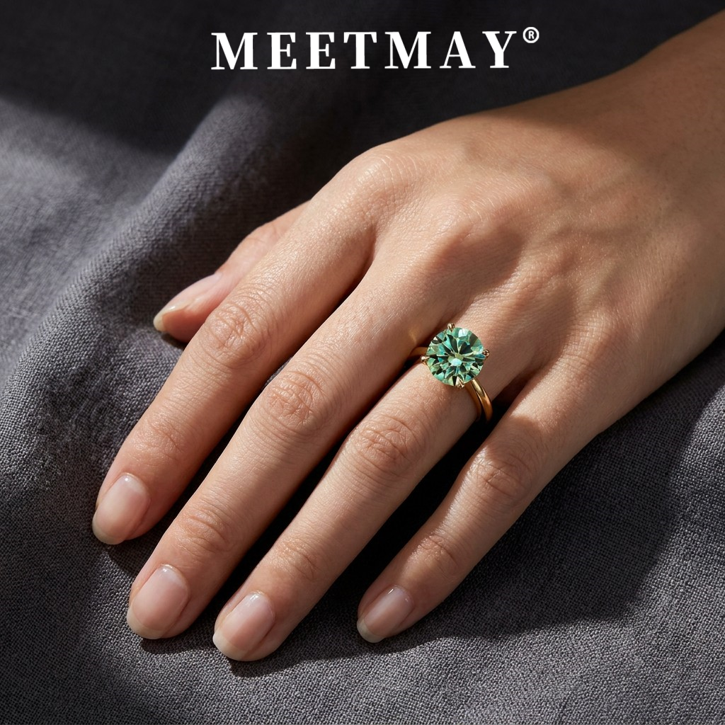 MEETMAY | Colorful Round-Cut Moissanite Adjustable Ring – S925 Sterling Silver 18K Gold Plated, GRA Certified
