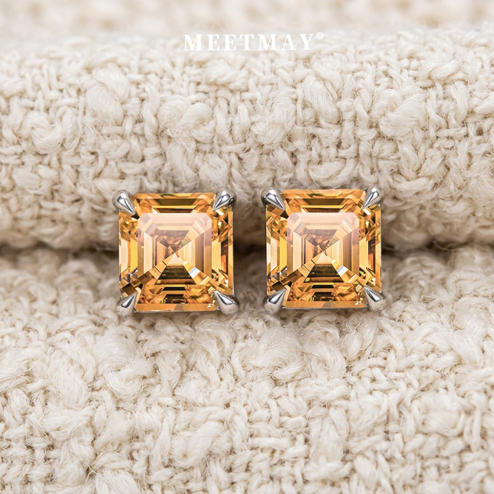 MEETMAY | Colorful Asscher-Cut Moissanite Stud Earrings – S925 Sterling Silver 18K Gold Plated, GRA Certified