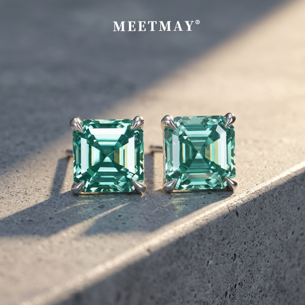 MEETMAY | Colorful Asscher-Cut Moissanite Stud Earrings – S925 Sterling Silver 18K Gold Plated, GRA Certified