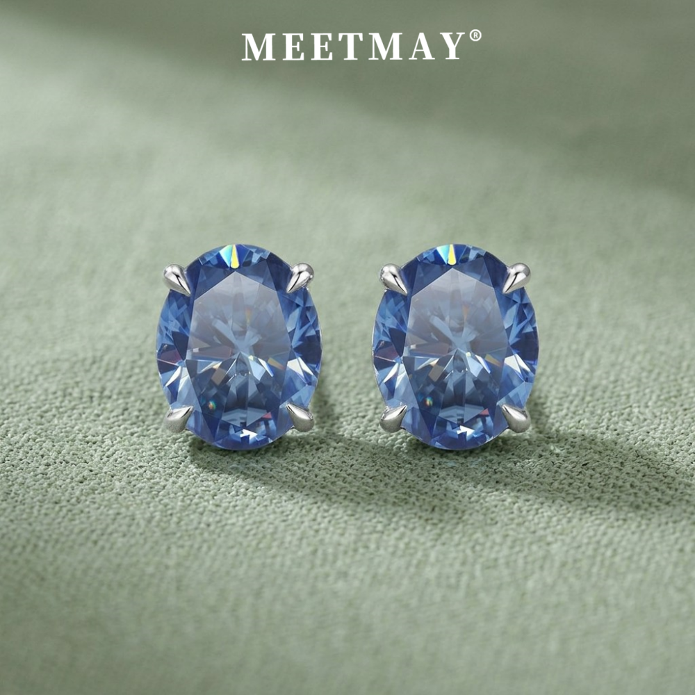 MEETMAY | Colorful Oval-Cut Moissanite Stud Earrings – S925 Sterling Silver 18K Gold Plated, GRA Certified