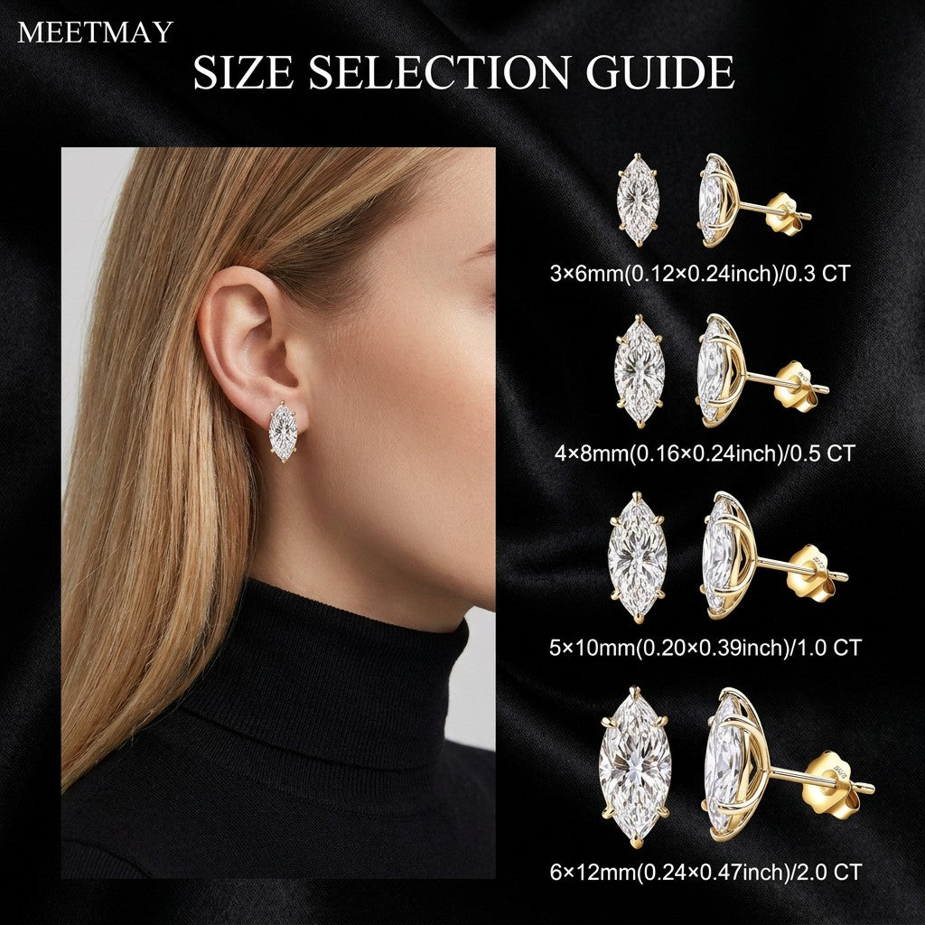 MEETMAY | Marquise-Cut Moissanite Stud Earrings – S925 Sterling Silver 18K Gold Plated, GRA Certified
