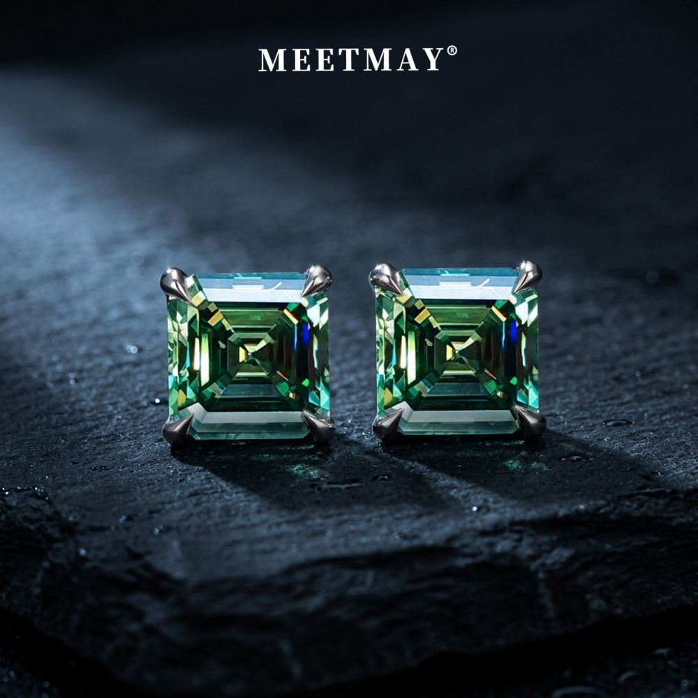 MEETMAY | Colorful Asscher-Cut Moissanite Stud Earrings – S925 Sterling Silver 18K Gold Plated, GRA Certified