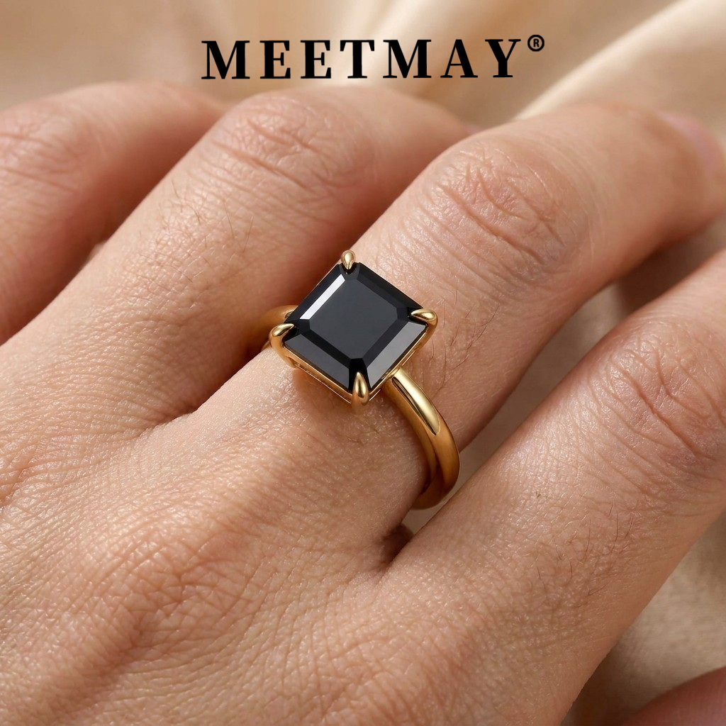 MEETMAY | Colorful Asscher-Cut Moissanite Adjustable Ring – S925 Sterling Silver 18K Gold Plated, GRA Certified