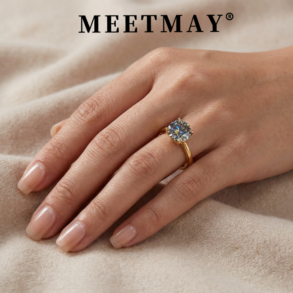 MEETMAY | Colorful Round-Cut Moissanite Adjustable Ring – S925 Sterling Silver 18K Gold Plated, GRA Certified