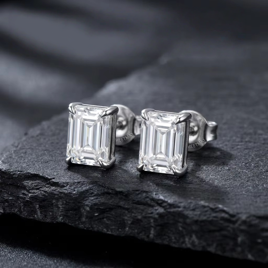 MEETMAY | Emerald-Cut Moissanite Stud Earrings – S925 Sterling Silver, GRA Certified