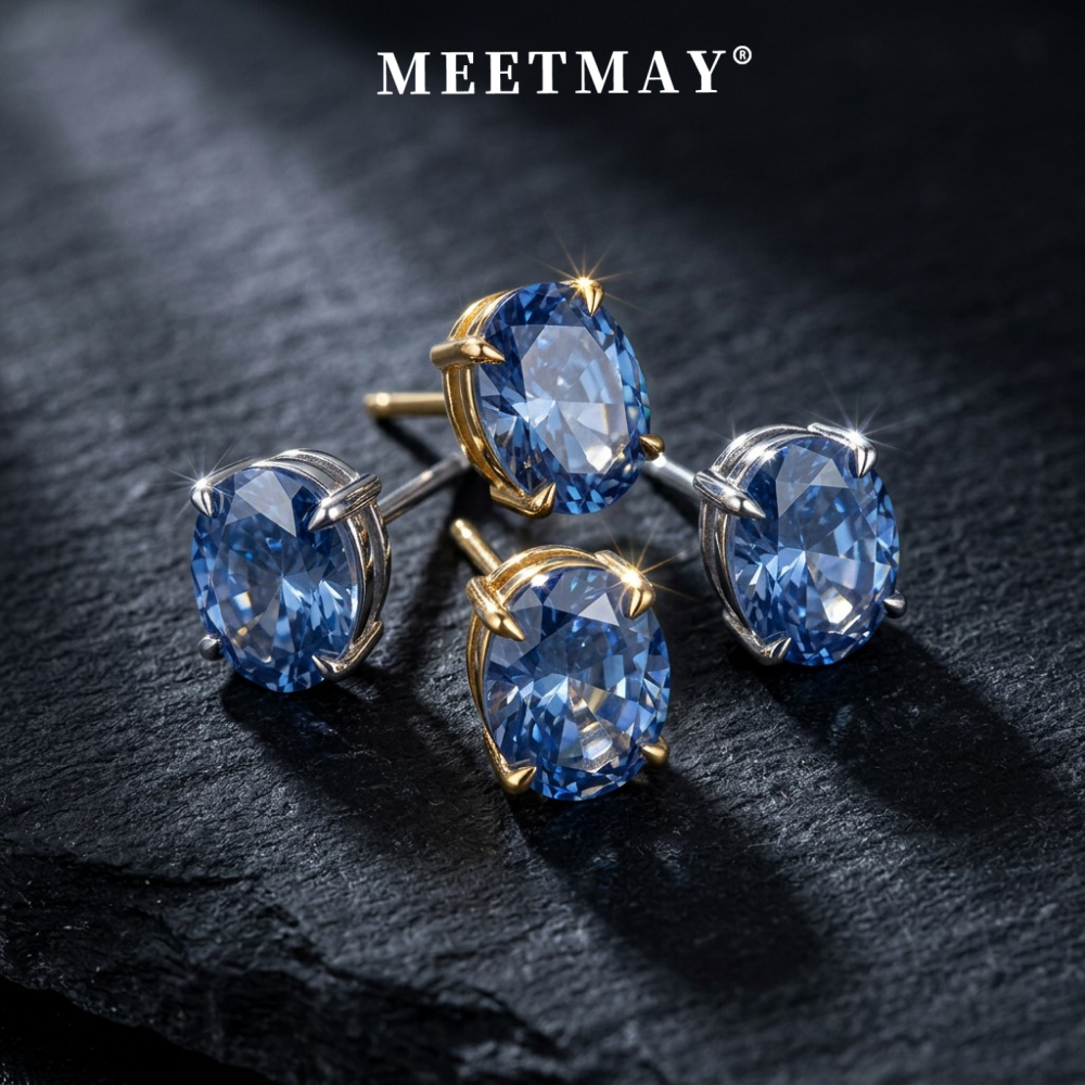 MEETMAY | Colorful Oval-Cut Moissanite Stud Earrings – S925 Sterling Silver 18K Gold Plated, GRA Certified