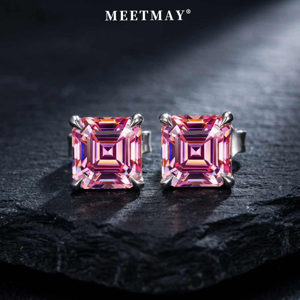 MEETMAY | Colorful Asscher-Cut Moissanite Stud Earrings – S925 Sterling Silver 18K Gold Plated, GRA Certified