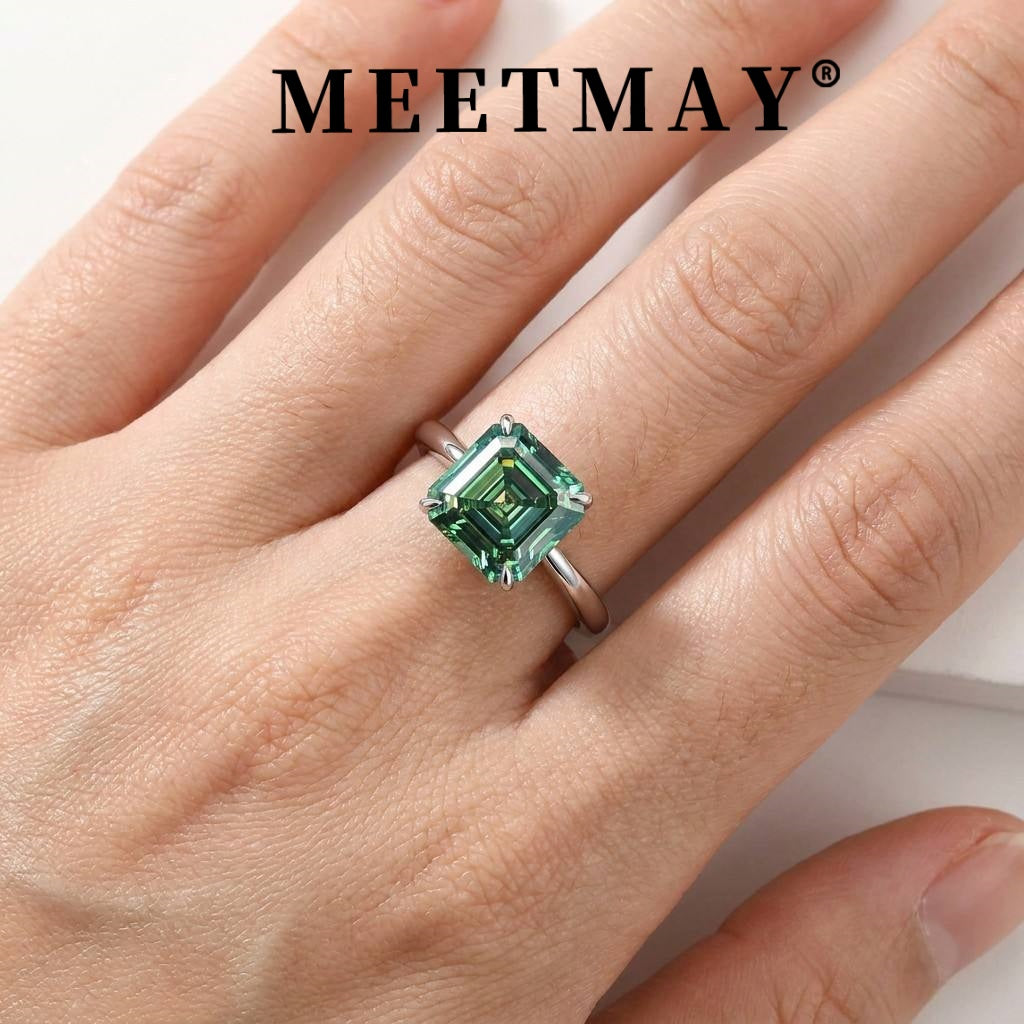 MEETMAY | Colorful Asscher-Cut Moissanite Adjustable Ring – S925 Sterling Silver 18K Gold Plated, GRA Certified