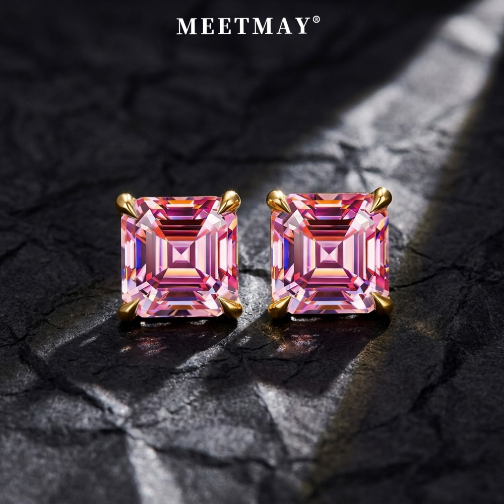 MEETMAY | Colorful Asscher-Cut Moissanite Stud Earrings – S925 Sterling Silver 18K Gold Plated, GRA Certified