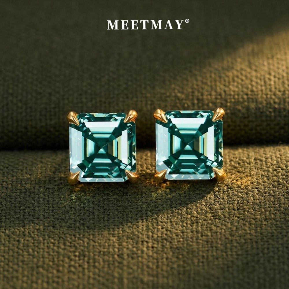 MEETMAY | Colorful Asscher-Cut Moissanite Stud Earrings – S925 Sterling Silver 18K Gold Plated, GRA Certified