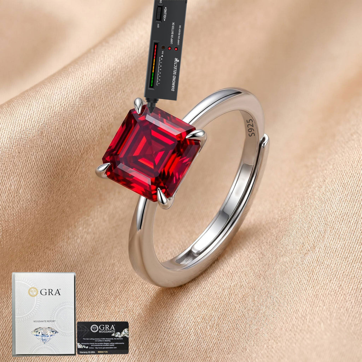 MEETMAY | Colorful Asscher-Cut Moissanite Adjustable Ring – S925 Sterling Silver 18K Gold Plated, GRA Certified