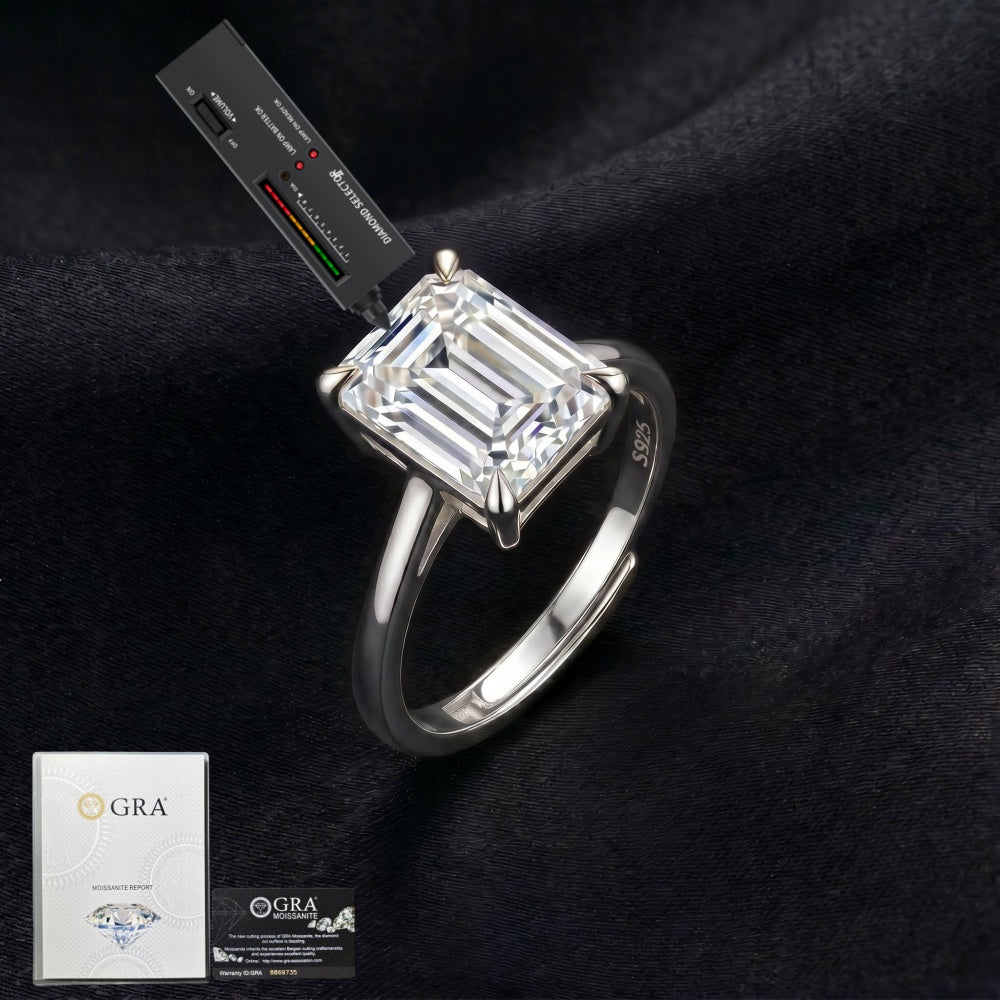 MEETMAY | Emerald-Cut Moissanite Adjustable Ring – S925 Sterling Silver 18K Gold Plated, D-Color