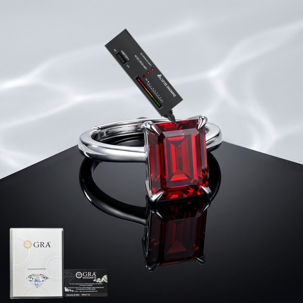 MEETMAY | Colorful Emerald-Cut Moissanite Adjustable Ring – S925 Sterling Silver 18K Gold Plated, GRA Certified