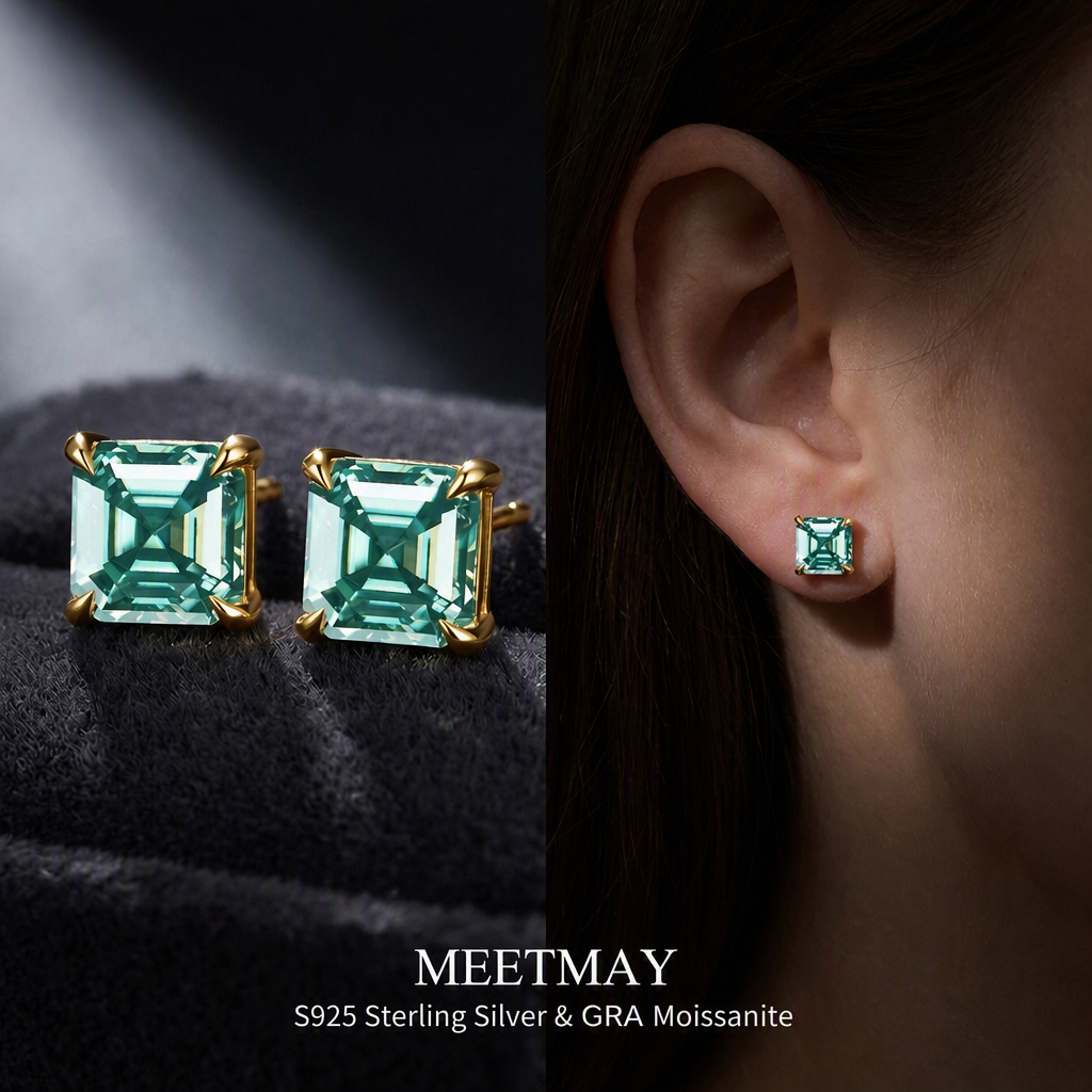 MEETMAY | Colorful Asscher-Cut Moissanite Stud Earrings – S925 Sterling Silver 18K Gold Plated, GRA Certified