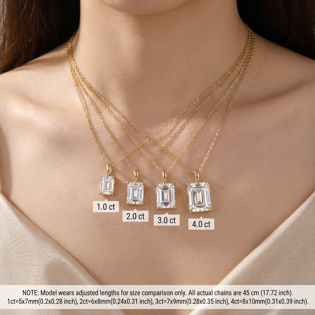 MEETMAY | Emerald-Cut Moissanite Pendant Necklace – S925 Sterling Silver 18K Gold Plated, D-Color