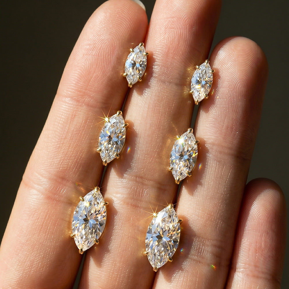 MEETMAY | Marquise-Cut Moissanite Stud Earrings – S925 Sterling Silver 18K Gold Plated, GRA Certified