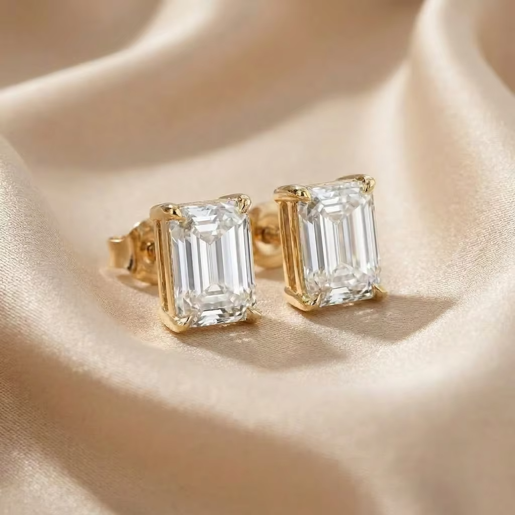 MEETMAY | Emerald-Cut Moissanite Stud Earrings – S925 Sterling Silver, GRA Certified
