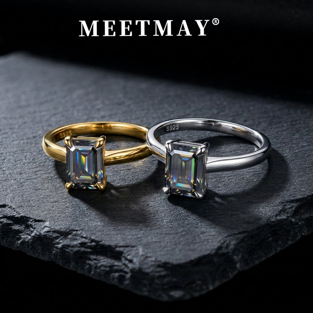 MEETMAY | Colorful Emerald-Cut Moissanite Adjustable Ring – S925 Sterling Silver 18K Gold Plated, GRA Certified