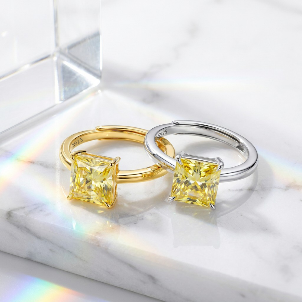 MEETMAY | Colorful Radiant-Cut Moissanite Adjustable Ring – S925 Sterling Silver 18K Gold Plated, GRA Certified