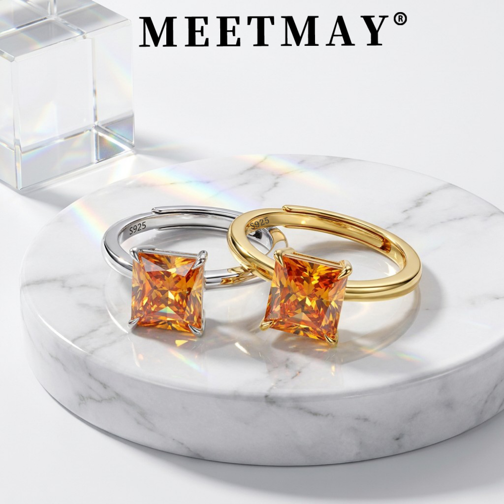 MEETMAY | Colorful Radiant-Cut Moissanite Adjustable Ring – S925 Sterling Silver 18K Gold Plated, GRA Certified