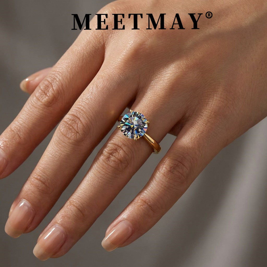 MEETMAY | Colorful Round-Cut Moissanite Adjustable Ring – S925 Sterling Silver 18K Gold Plated, GRA Certified