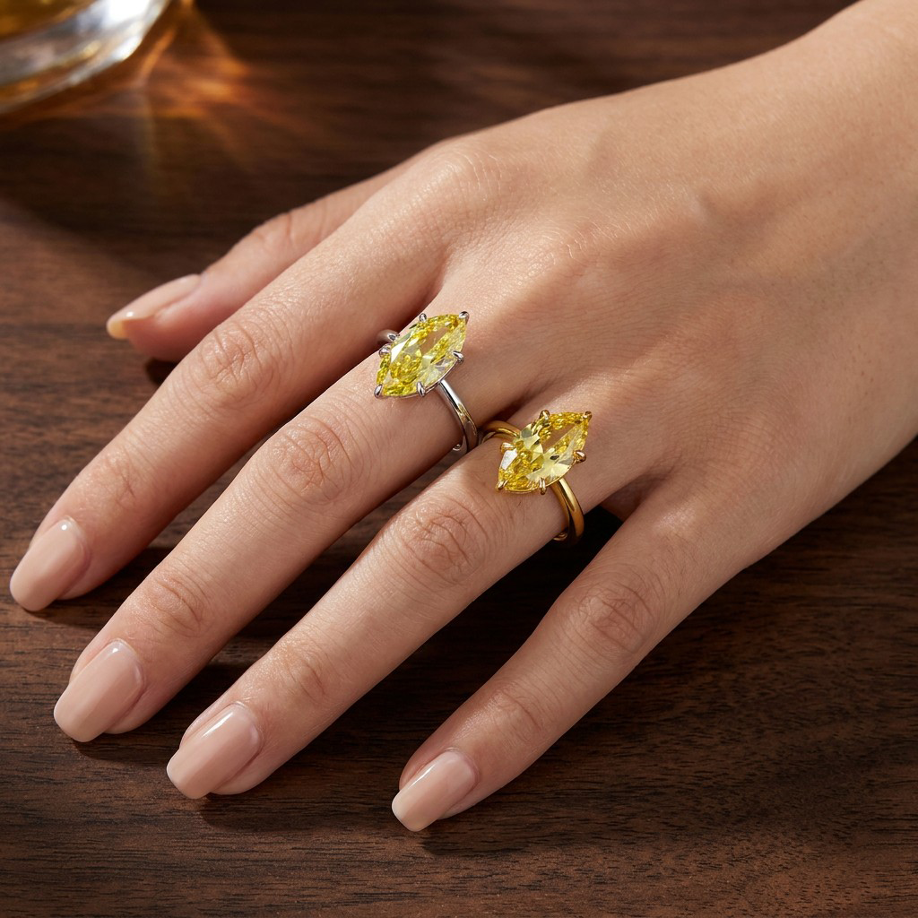 MEETMAY | Colorful Marquise-Cut Moissanite Adjustable Ring – S925 Sterling Silver 18K Gold Plated, GRA Certified