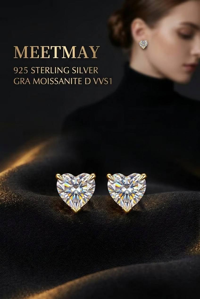 MEETMAY | Heart-Cut D-Color Moissanite Stud Earrings – S925 Sterling Silver 18K Gold Plated, GRA Certified
