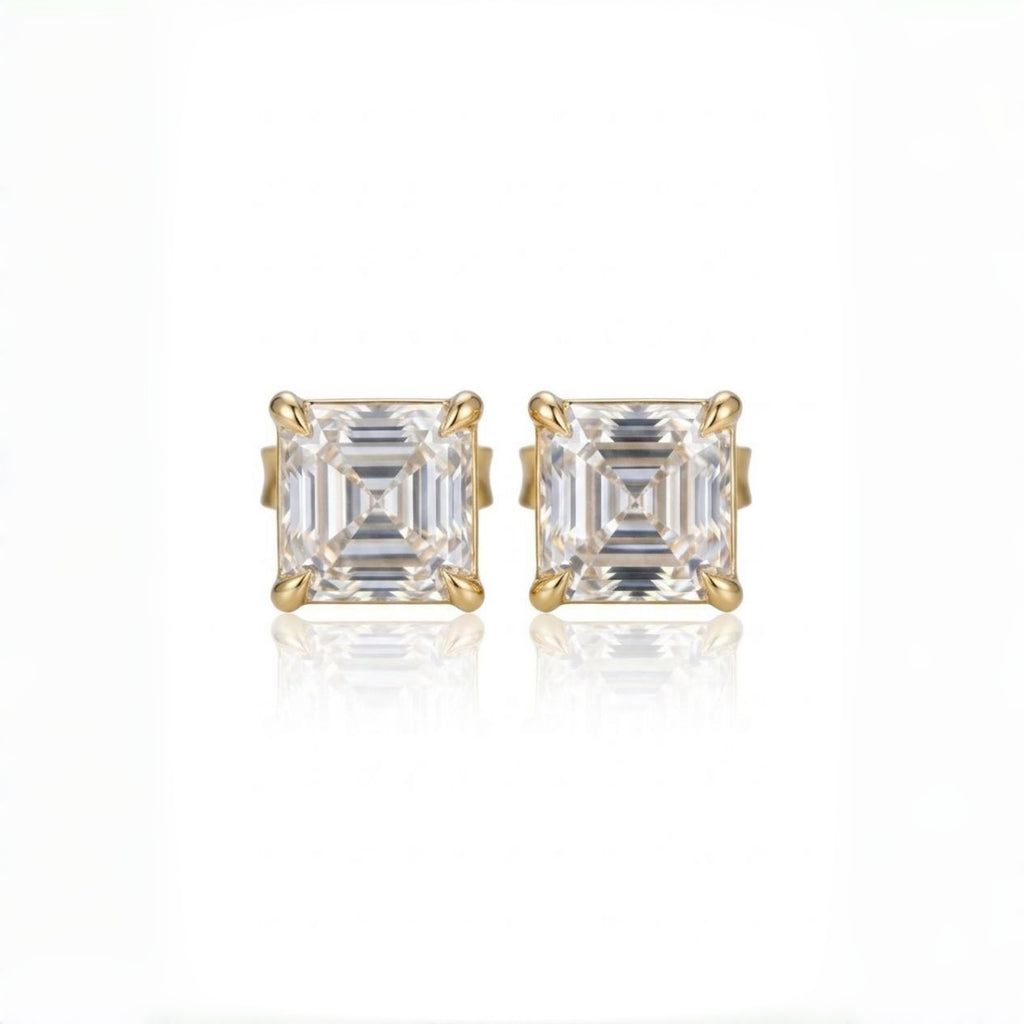 MEETMAY | Asscher-Cut D-Color Moissanite Stud Earrings – S925 Sterling Silver 18K Gold Plated, GRA Certified