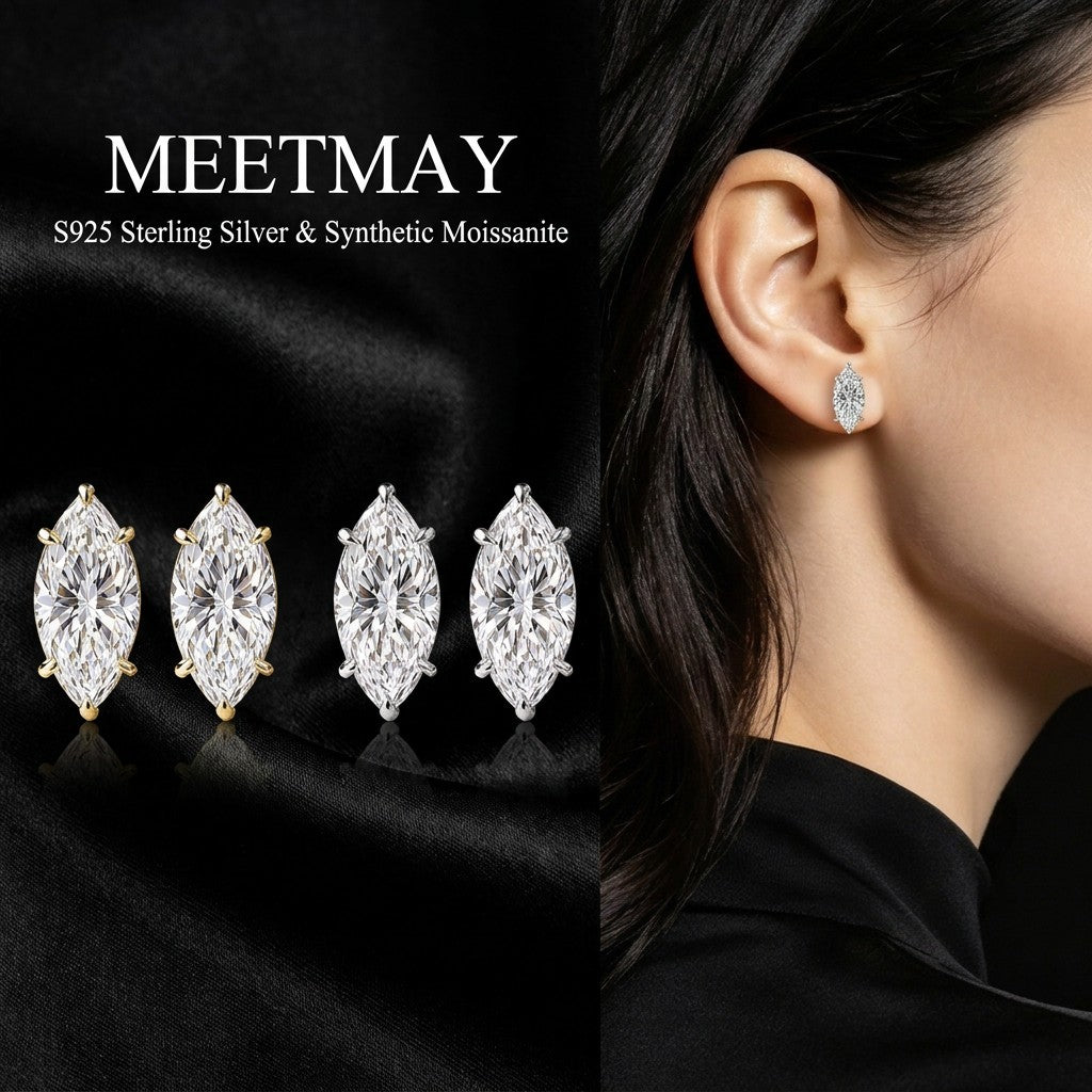 MEETMAY | Marquise-Cut Moissanite Stud Earrings – S925 Sterling Silver 18K Gold Plated, GRA Certified